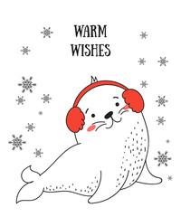 Creative postcard for Christmas and New Year with cute seal and winter slogan