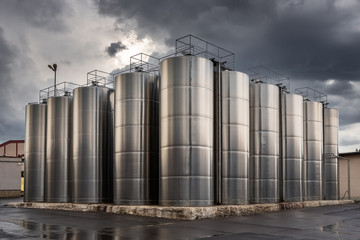 Stainless steel wine barrels in the winery
