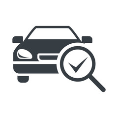 Checked car icon and symbol, creative and minimalist, white isolated background