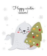 Creative postcard for Christmas and New Year with cute seal and winter slogan