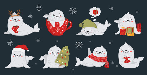 Creative collection of cute seals for Christmas and New Year