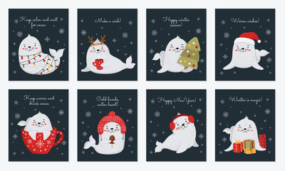 Creative postcard collection for Christmas and New Year with cute seals and winter slogan.