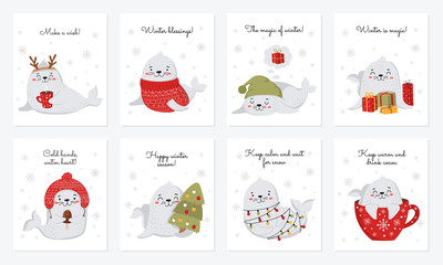 Fototapeta na wymiar Creative postcard collection for Christmas and New Year with cute seals and winter slogan.