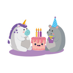 Unicorn and hippo cartoon design, Animal happy birthday celebration decoration and surprise theme Vector illustration