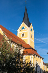 Fototapeta na wymiar Parish church assumption in Berching, Bavaria in autumn with multicolored tree in foreground