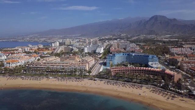 Aerial panorama of Los Cristianos resorts and Playa del Camison beach, Tenerife, Canary islands, Spain.