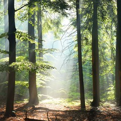 Panele Szklane  Promienie słońca we mgle w mglisty poranek zielony las. Osnabrück, niemcy