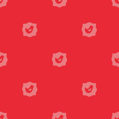 Folk doodle art. Red Background with small bird in a frame. Geometry seamless pattern