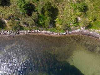 Aerial view of the shoreline on the island of Ven in southern Sweden during summer