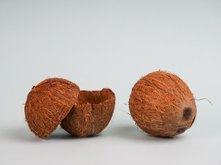 one whole coconut and one broken on a blue background. Future food bowls zero waste. Environmentally friendly material for dishes. Copy space.