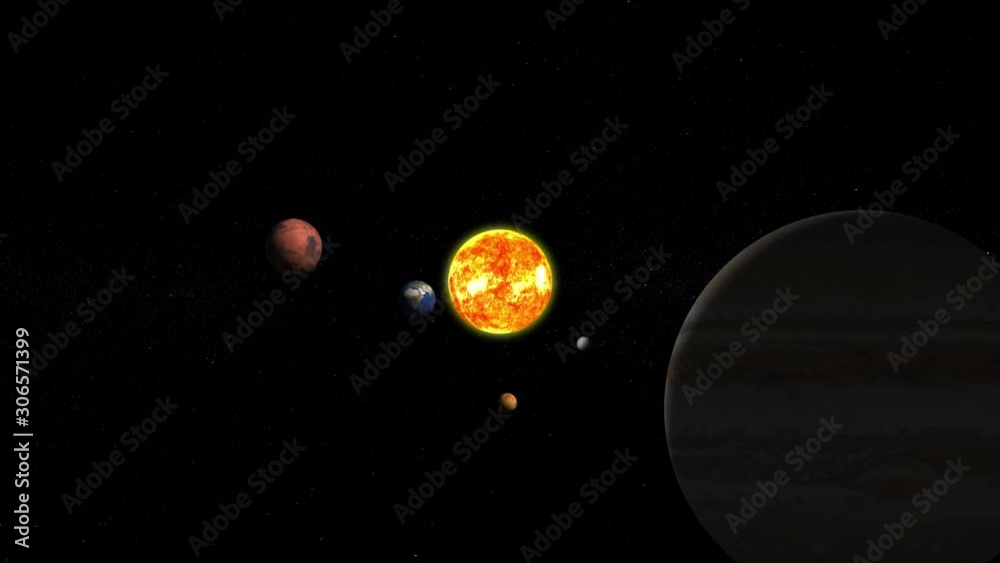 Wall mural solar system fictional animation with planets orbiting around the sun, mercury venus earth mars jupi