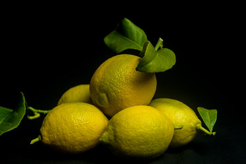 ripe lemons on black background, still life on black background