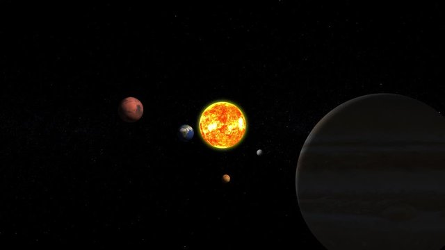 Solar system fictional animation with planets orbiting around the sun, Mercury Venus Earth Mars Jupiter. Contains public domain image by Nasa.