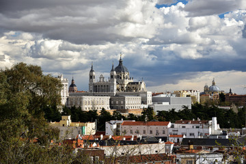 Fototapeta na wymiar Panorama view on Royal Palace Palacio Real in the capital of Spain - beautiful city Madrid from Lookout of Principe Pío Mountain, Spain