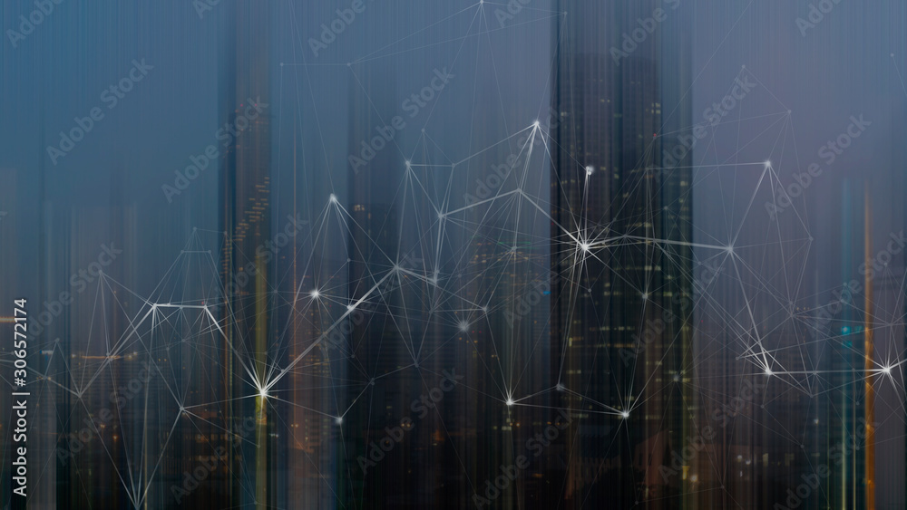 Poster Wireless network and Connection technology concept with Abstract buildings and city background