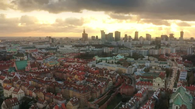 Aerial time lapse of Warsaw skyline and famous Old Town, Poland