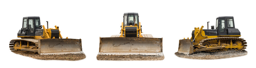 Modern excavator bulldozer with clipping path isolated on white background. Save work path