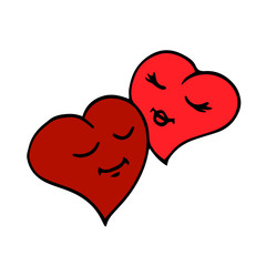 couple of red hearts together, symbol of wedding, love, and Valentine's day, vector illustration with black contour lines in doodle and hand drawn style