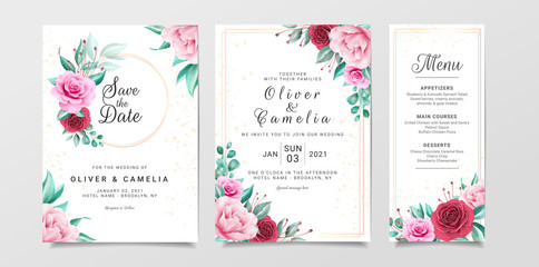 Fototapeta na wymiar Floral wedding invitation card template set with watercolor flowers decoration. Botanic illustration for background, save the date, invitation, greeting card, etc