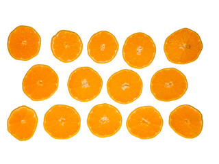 Tangerines sliced ​​bright and juicy lie lie on a white isolated background.