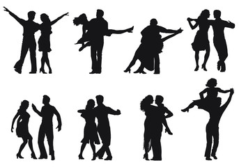 Vector silhouettes of couples dancing together.