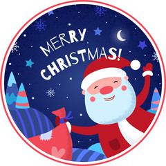 Fototapeta premium Cute happy Santa Claus with gifts in the winter forest. Round design for stickers, greeting cards and baby gifts. Vector Xmas illustration for kids. New Year and Christmas story.