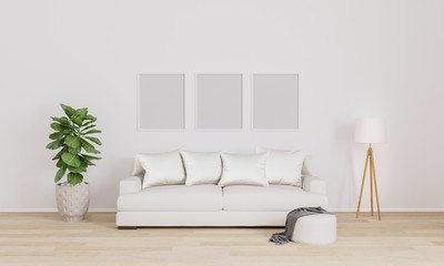 Three blank poster/picture frame for mockup. Bright living room with white sofa, white modern lamp, plant.  Furnished living room with white wall and wooden floor.3d illustration. Interior design.