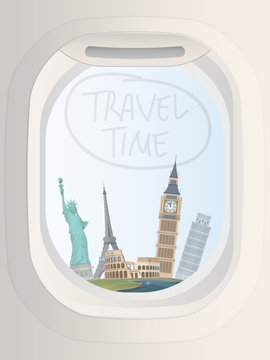 Travel to World. Tourism Travel banner. Air travel. Tourism travel banner. Porthole window with sights of the world. Big Ben, Statue of Liberty, Colosseum, Leaning Tower of Pisa, Eiffel Tower.