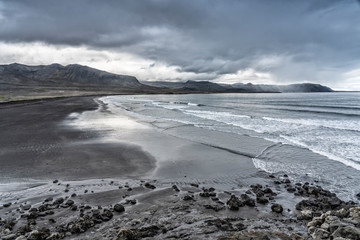 black beach, black sand, natural sculpture, rock formation, monolith, iceland landscape, erosion, dramatic, nature, iceland, sea, hvitserkur, travel, landscape, sky, water, rock, ocean, icelandic, sce