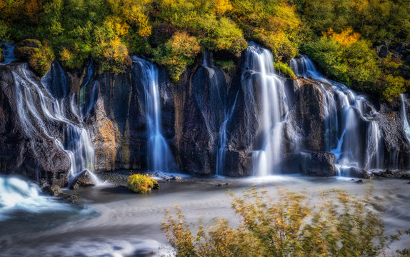 volcanic lava waterfall of Hraunfoss in Iceland
