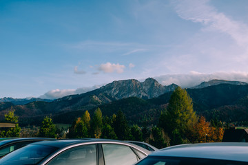 Car for traveling  with a mountain view