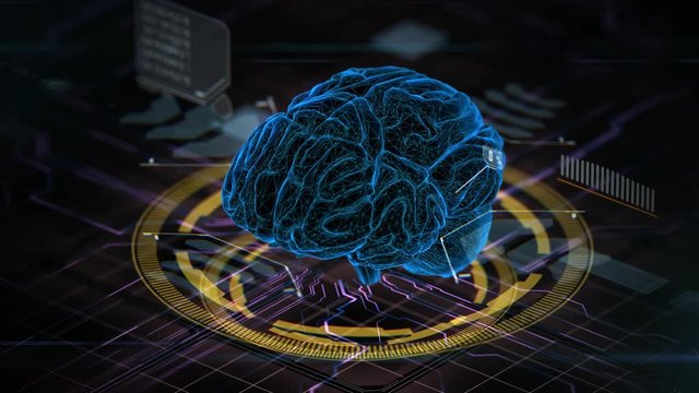 AI artificial intelligence. Animation of blue color brain with sci-fi style elements with orthographic view angle. Deep learning computer machine