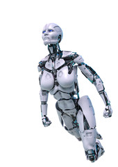 cyborg female flying in a white background