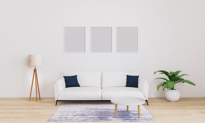 Three empty frames for mockup. Bright living room with white sofa with dark blue pillows, white modern lamp, plant, coffee table. Furnished living room with white wall and wooden floor. 3d render
