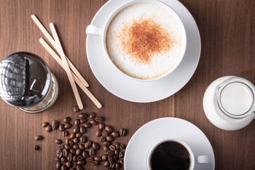 regular coffee and latte with milk and sugar