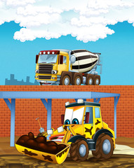 Obraz na płótnie Canvas cartoon scene with digger excavator and concrete mixer or loader on construction site - illustration for children