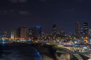 Fototapeta na wymiar View on Tel Aviv city coastline from Jaffa at night. Israel