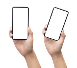 Set of Male hand holding the black smartphone with blank screen isolated on white background with clipping path.