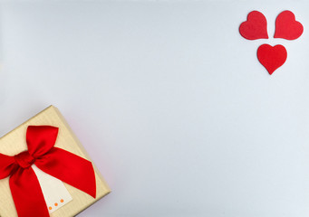 Flat lay yellow box with red   heart  on  white backgound. Wedding card ideas and Valentines Day copy space for text