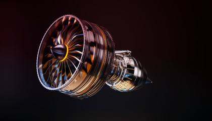 Part of real airplane turbine on dark background, 3d illustration