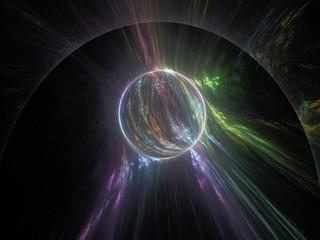 3d Illustration - brilliant glowing spherical ball of light, plasma aura, visible energy concept, powerful radiation, black background, colorful halo, abstract digital artwork, color spectrum