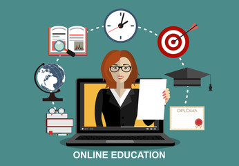 Woman out of screen monitor. Training, education, online tutorial, e-learning concept. Laptop with video online training on the screen. Flat vector illustration.
