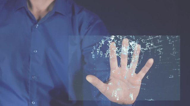 Work to solve the problem of the question with the help of digital technologies. A question symbol consisting of numbers and signs on an abstract monitor.