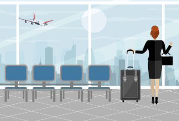 Obraz premium Businesswoman at airport with suitcase, cityscape in background. Travel, vacation, Business trip concept. Vector illustration in flat design.