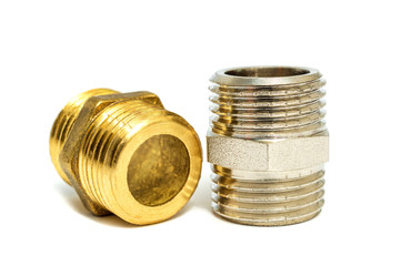 Set of brass fittings is often used for water and gas installations on white background