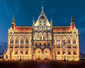Night view of the illuminated building of the hungarian parliament in budapest. I took this photo from unusual viewpoint.