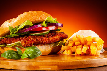 Big hamburger and french fries