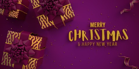 Merry Christmas illustrated card with gift boxes and decor on purple background 3d render