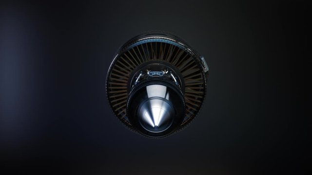 Part of real airplane turbine on dark background, turnaround 3d rendering.  Video can be looped for eternal rotation.