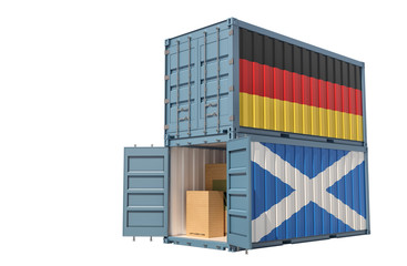 Fototapeta premium Two freight container with German and Scotland flag. Isolated on white - 3D Rendering